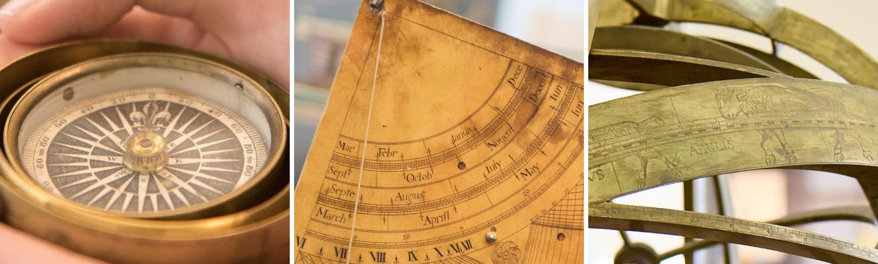 Learning page banner - scientific instruments (from left to right: compass, quadrant, armillary sphere)