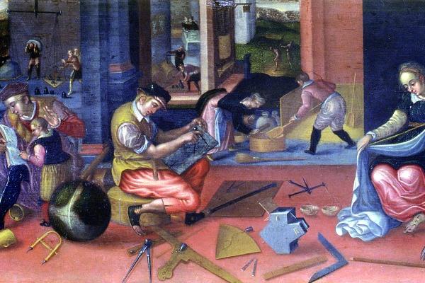 detail from The Measurers, a painting depicting a range of practical activities