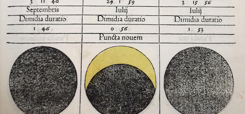Page from a book, from mid-1400s, showing a calendar of predicted solar and lunar eclipses, by Regiomontanus 