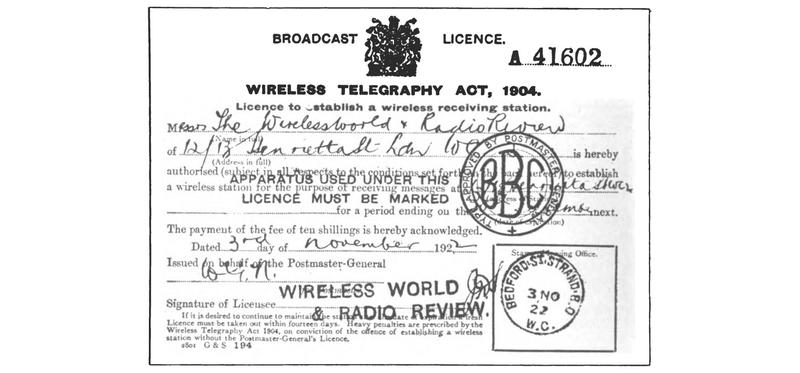 A licence for a radio receiver granted by the BBC — then part of the British Post Office — on 3 November 1922.  