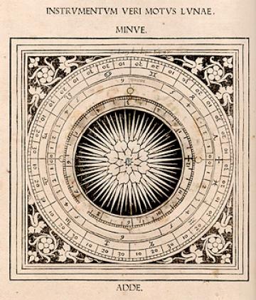 Johannes Regiomontanus, Kalendarium (Venice, 1476), lunar volvelle with title:Instrumentum veri motus lunae minue adde.