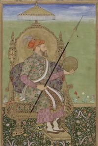 Painted portrait of Shah Jahan from the 17th century, from an album of Mughal Indian Paintings and Calligraphy, held at the Bodleian Libraries, Bodleian Library MS. Douce Or. a. 1, fo. 9a 